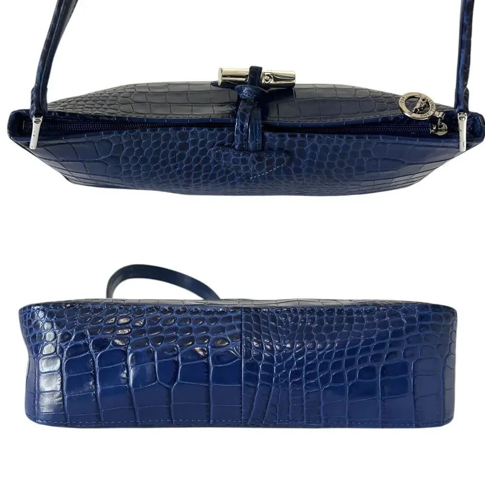 Longchamp Roseau Blue Croc Embossed Shoulder Bag Vintage Y2K Bamboo Toggle